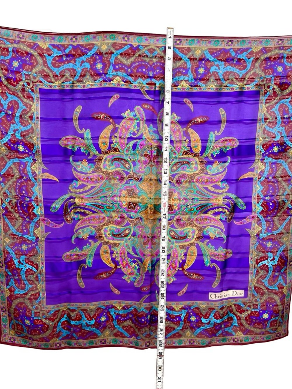 Christian Dior Soft 00% Silk Scarf Chiffon & Satin PurplePaisley Floral 31"(21 - Picture 11 of 14